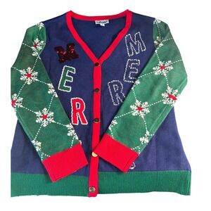 Rockin Around Ugly Christmas Sweater Cardigan Blue Green Red Snowflake  Light up